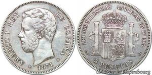 S3733 Rare Espagne 5 Pesetas Amadeo I REY 1871 * 1871 Argent Silver