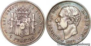 S3831 Espagne 2 Pesetas Alphonse XII 1882 MS M Argent Silver Plata - F Offre