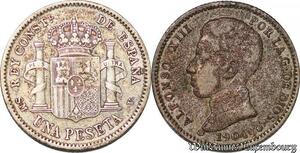 S3858 Espagne 1 Peseta Alphonse XIII 1904 SM V Argent Silver - Faire Offre