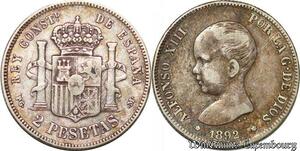 S3861 Espagne 2 Pesetas Alphonse XIII PG M Madrid 1892 Argent Silver