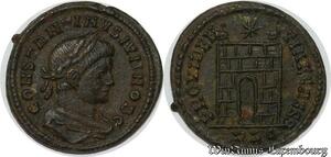 S3912 Rare Nummus Constantin I Camp door two tuets in the middle PLC Lyon SUP
