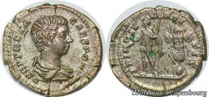 S3965 Denier child Geta as Caesar 199-202 AD. Draped bust tenant un sceptre