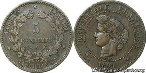 S80 France 5 Centimes Cérès 1891 A Paris -> Faire Offre