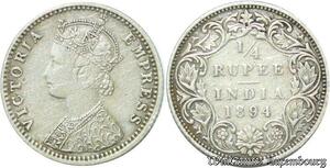 S204 Britsh India 1/4 Rupee Victoria 1894 B Incuse Nice Grade Silver