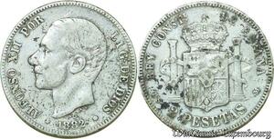 S623 Espagne 2 Pesetas Alphonse XII 1882 MS M Madrid Argent Silver -> Faire Offre