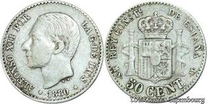 S624 Espagne 50 Centimos Alphonse XII 1880 MS. M. Argent Silver