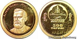 S645 Mongolia 500 Tögrög Alfred Nobel 2007 Or Gold 999% PF BE Proof
