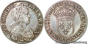 S653 France Rare Ecu Louis XIV 1643-1715 à la mèche longue 1653 B Rouen Argent SUP