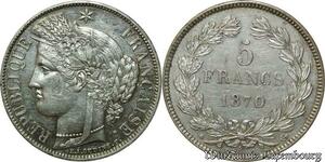 S687 France Très Rare 5 Francs Cérès 1870 Paris sans leg. Silver Superbe ++++