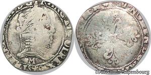 S1115 France Rare Demi Franc au col plat Henri III sous la Ligue 1590 M Toulouse Argent