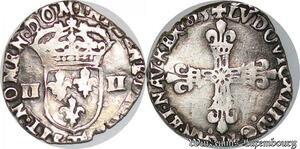 S1139 France Rare 1/4 d’Ecu croix Fleur de lisée Louis XIII  1615 T Nantes Silver