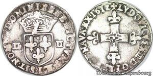 S1141 France Rare  1/4 d’Ecu Louis XIII 1612 croix fleurdelisée L Bayonne Silver