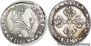 S1156 France Rare Demi-Franc col plat Henri III sous la Ligue 1590 M Toulouse Argent