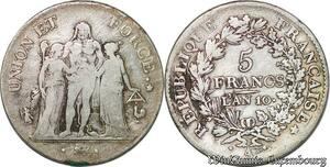 S1696 France 5 Francs Union et Force An 10 A Paris Argent