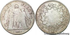 S1700 France 5 Francs Union et Force an 8 K Bordeaux Argent Grade 28 Eq CI