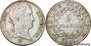 S1707 France 5 Francs Napoléon Empereur 1811 M Toulouse Argent Silver -> Faire Offre