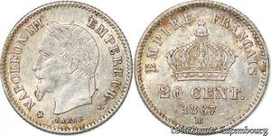 S1749 France France 20 Centimes Napoléon I 1867 BB Strasbourg Argent Silver Superbe