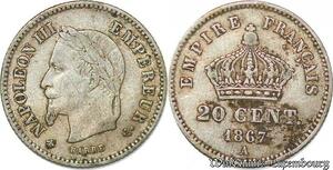 S1750 France France 20 Centimes Napoléon I 1867 BB Strasbourg Argent Silver Superbe