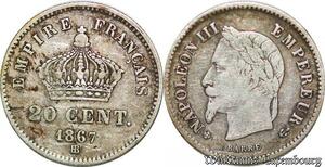 S1754 France France 20 Centimes Napoléon I 1867 BB Strasbourg Argent Silver -> Faire Offre