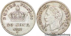 S1756 France 20 Centimes Napoléon I 1867 BB Strasbourg Argent Silver SUP