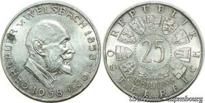 S1942 Austria 25 Schilling Republikösterreich Carl Welsbach 1958 L.Hujer Argent