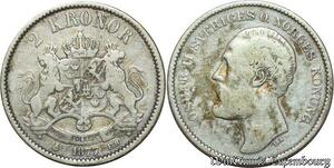 S1957 Sweden 2 Kronor Oscar I II 1877 EB Argent Silver ->Make offer