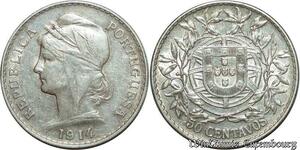 S1969 Portugal 50 Centavos Republica Portugesa 1914 Argent Silver - Faire Offre