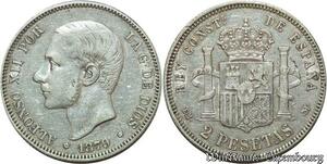 S1986 Scarce Spain 2 Pesetas Alphonse XII 1879 (79) Argent Silver