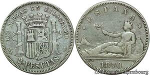 S1987 Espagne Spain 2 Pesetas 1870 (73) Madrid Argent Silver ->Make offer