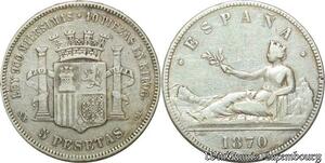S1989 Espagne Provisional Government 5 Pesetas 1870 Argent Silver ->Make offer