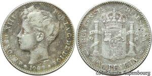 S1990 Espagne 1 Peseta por la G de dios Alphonse XIII 1900 Argent Silver