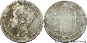 S1991 Spain 1 Peseta por la G de dios Alphonse XIII 1900 Argent Silver