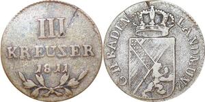 P0020 Scarce Germany Error Baden 3 Kreuzer Karl Ludwig Friedrich 1811 XF