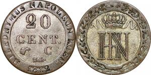 P0087 Germany Westphalia 20 Centimes Jerome Napoleon 1812 C Cassel Silver AU