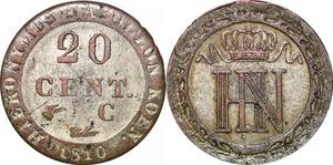 P0090 Germany Westphalia 20 Centimes Jerome Napoleon 1810 C Cassel Silver UNC