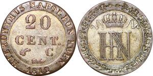 P0101 Germany Westphalia 20 Centimes Jerome Napoleon 1812 C Cassel Silver UNC