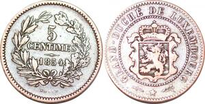 P0182 Luxembourg  5 Centimes Willem III 1854 Bruxelles Utrecht KM#22.1
