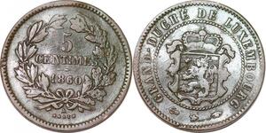 P0188 Luxembourg  5 Centimes Willem III 1860 A Paris KM#22.2 -> Make offer