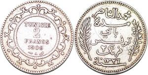 P0356 Tunisia 2 Francs  Muhammad V AH 1326 1908 A Paris silver -> Make offer