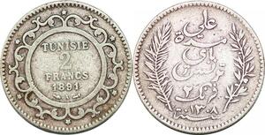 P0357 Tunisia 2 Francs Ali III AH 1308 1891 A Paris silver -> Make offer