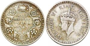 P0368 India British 1/2 Half Rupee George VI 1943 . Silver -> Make offer