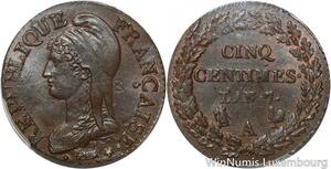 P0437 Unique 5 Centimes Dupré refrappage decime AN 7/5 A PCGS MS64 SPL+