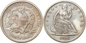 P0444 Scarce United States Half Dollar Liberty Seated 1866 S Silver AU