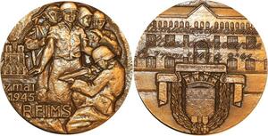 P0485 France Médaille Libération 7 Mai 1945 Reims Alliés Soldats Armée SUP