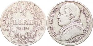P0569 Papal States Vatican 2 Lire Pius IX 1867 XXII R Roma Silver