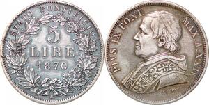 P0570 Rare Papal States Vatican 5 Lire Pius IX 1870 Anno XXIV R Roma Silver