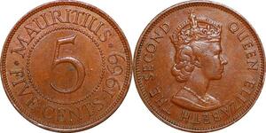 P0587 Mauritius Ile Maurice 5 Cents Elizabeth II 1969 AU SUP ->Faire offre