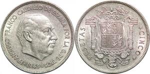 P0595 Spain 5 Pesetas Franco 1949 Stars 1950 AU ->Make offer