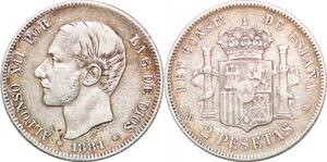 P0597 Spain 2 Pesetas Alfonso XII 1881 81 MS M Silver ->Make offer