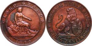 P0616 Spain 5 Centimos Provisoire  Isabel II 1870 Barcelona OM AU ->Make offer